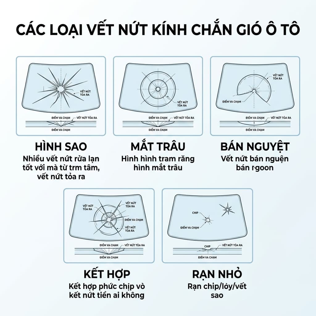 Các loại vết nứt kính ô tô có thể hàn